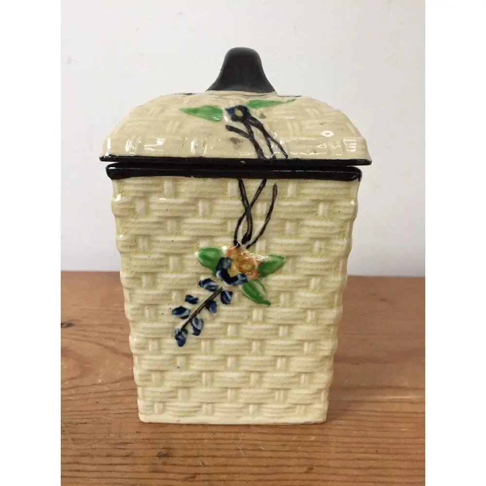 Vintage Hotta Yu Shoten Japanese Japan Basketweave Majolica Nutmeg Spice Jar